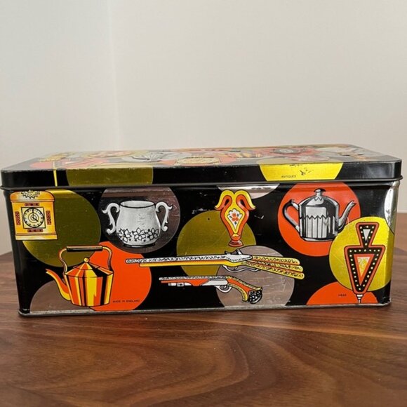 VINTAGE HB & S Biscuit Rectangular Tin Hinged Lid Antiques Motif Made England - Picture 2 of 13